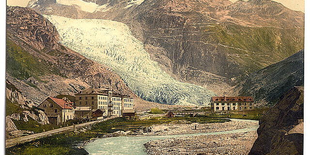 Le glacier du Rhône, en Suisse, entre 1890 et 1900. Le glacier du Rhône, en Suisse, entre 1890 et 1900.